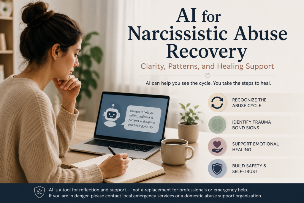 AI for narcissistic abuse recovery showing trauma bond help, narcissistic abuse cycle awareness, trauma bond signs, and emotional abuse recovery support.
