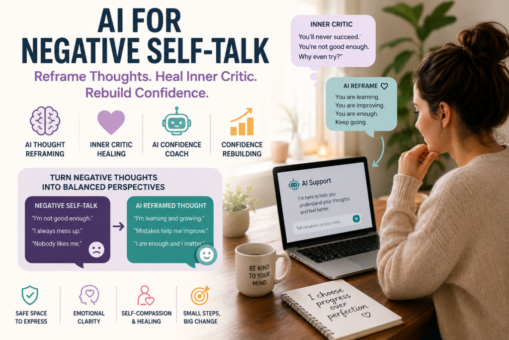 AI for negative self-talk showing inner critic healing, AI thought reframing, and confidence rebuilding through emotional support tools.
