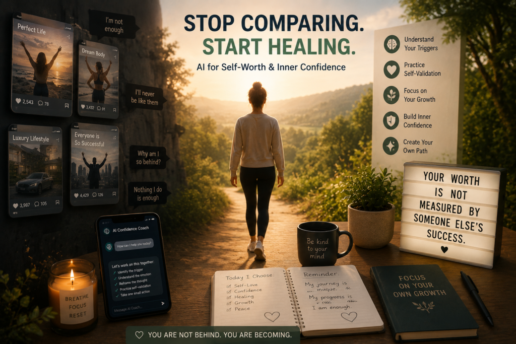AI for self-worth helping reduce comparison anxiety, rebuild inner confidence, and support self-validation training.