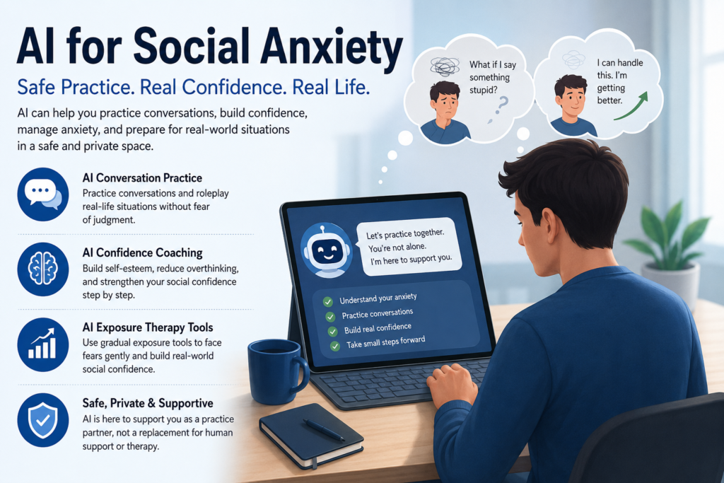 AI for social anxiety showing AI conversation practice, AI confidence coaching, and safe exposure therapy tools for real confidence