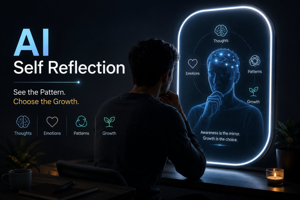 AI self reflection for personal growth showing AI as a mirror for self-awareness, emotional clarity, and inner growth.