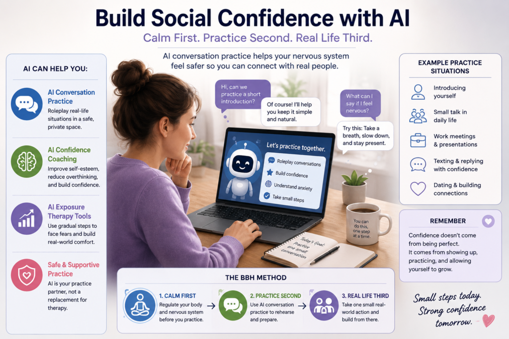 AI conversation practice helping social anxiety with AI confidence coaching, safe exposure therapy tools, and real-life social confidence