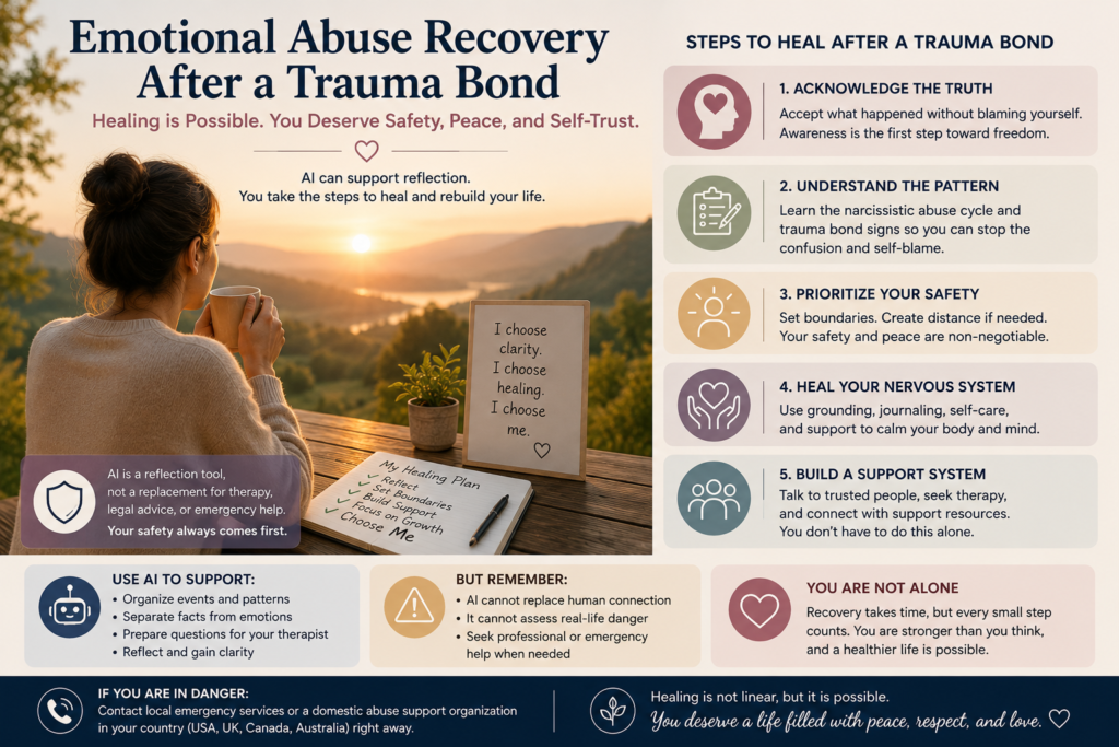 Emotional abuse recovery after a trauma bond with AI support for narcissistic abuse recovery, trauma bond signs, safety, and self-trust.