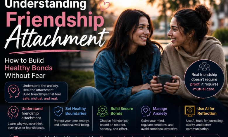 Friendship attachment guide showing anxious attachment in friendships, friendship anxiety, healthy friendship boundaries, emotional attachment in friendship, and healthy bonds.