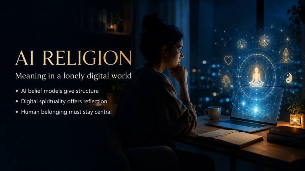 AI religion and digital spirituality showing how AI belief models support emotional reflection and human belonging