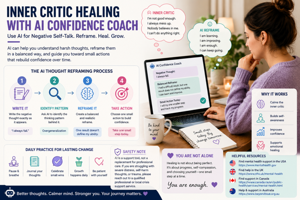 Inner critic healing with AI confidence coach showing AI for negative self-talk, emotional support, and confidence recovery.