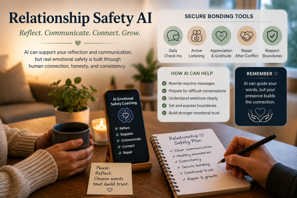 Relationship safety AI supporting secure bonding tools, emotional trust in relationships, AI emotional safety coaching, and safer communication