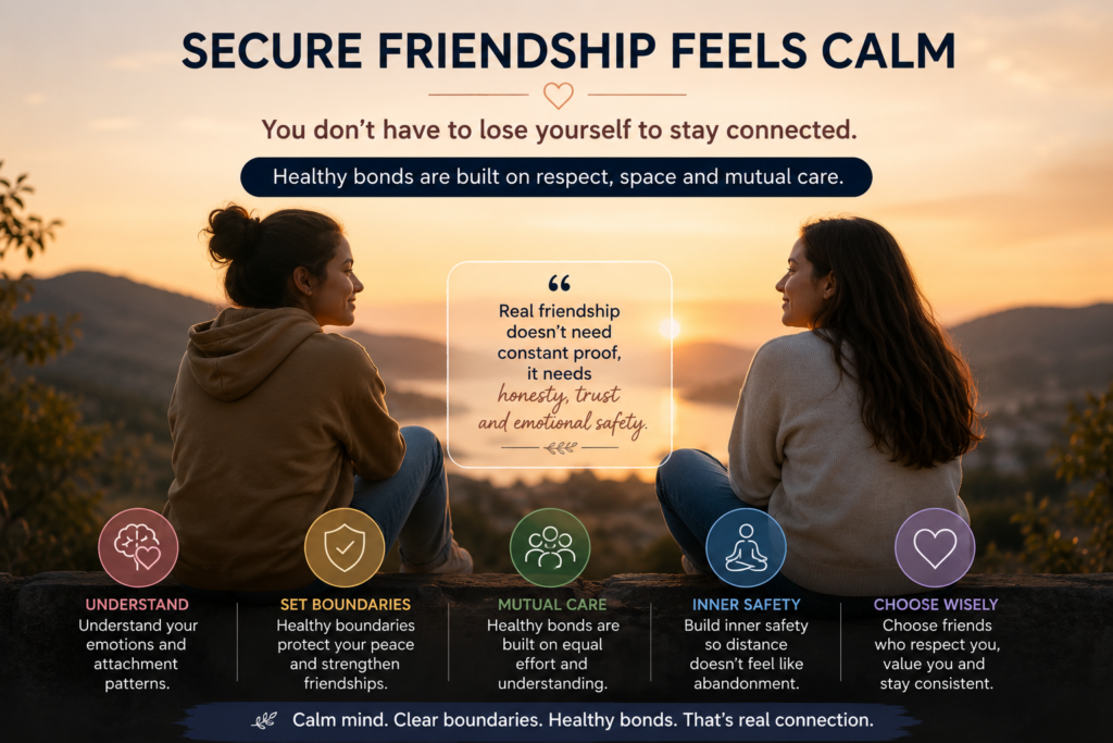 Secure friendship showing healthy bonds, healthy friendship boundaries, friendship attachment healing, emotional safety, and mutual care.