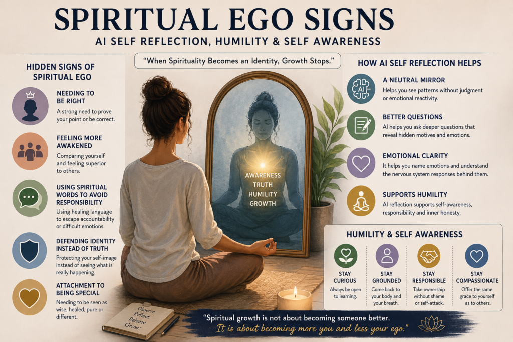 Spiritual ego signs explained with AI self reflection, humility and self awareness, ego and spirituality, and emotional clarity.