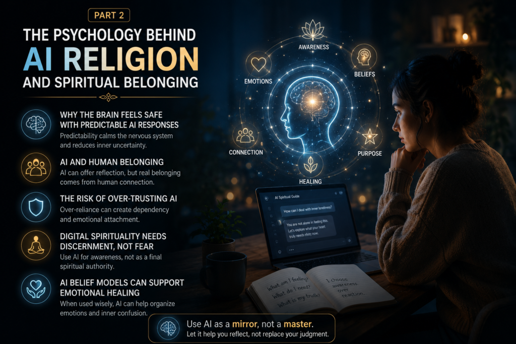 AI religion psychology showing how AI spirituality, AI belief models, and digital spirituality affect emotional safety and human belonging