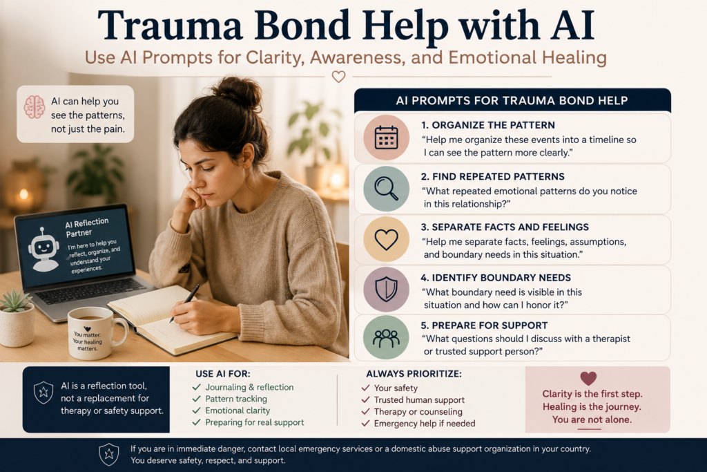 Trauma bond help with AI prompts for narcissistic abuse cycle awareness, trauma bond signs, emotional clarity, and emotional abuse recovery.