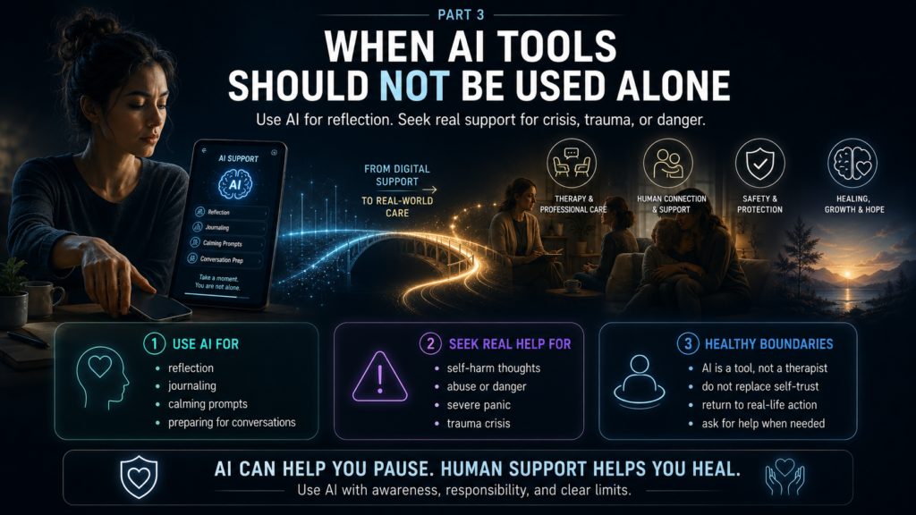 AI support and human care balance for crisis safety and emotional wellbeing.
