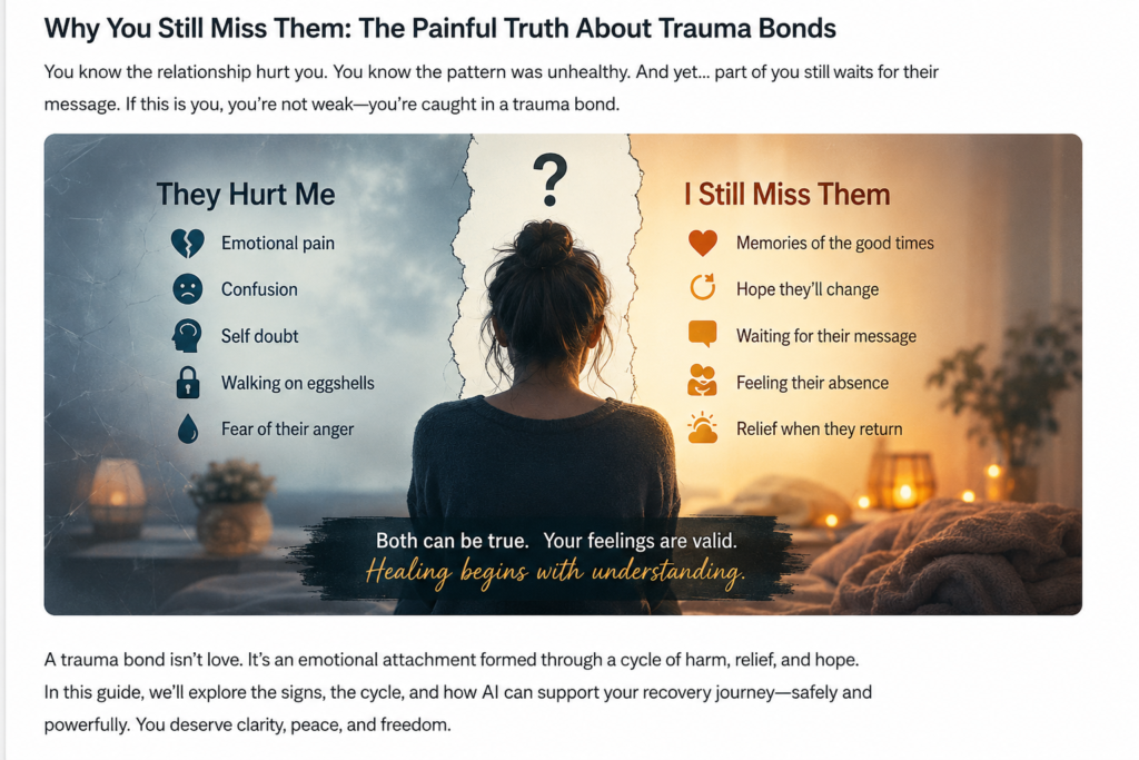 Woman reflecting on emotional pain, self-doubt, hope, and missing someone after a trauma bond
