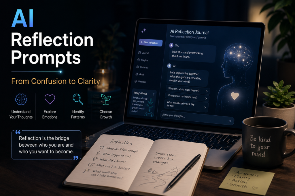 AI self-reflection prompts and AI journaling for self awareness showing a digital journal for emotional clarity and personal growth.