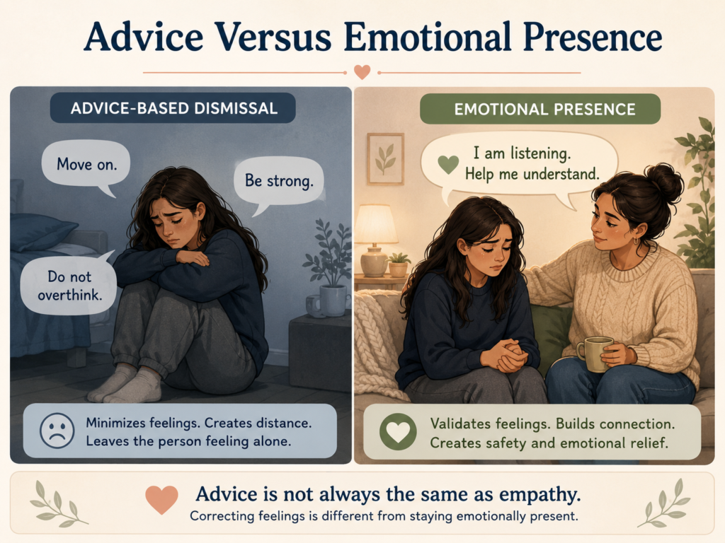 Relationship empathy illustration showing dismissive advice compared with calm listening and emotional understanding.