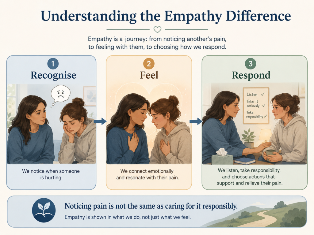 Covert narcissist empathy chart comparing emotional recognition, emotional connection, accountability, and compassionate action.
