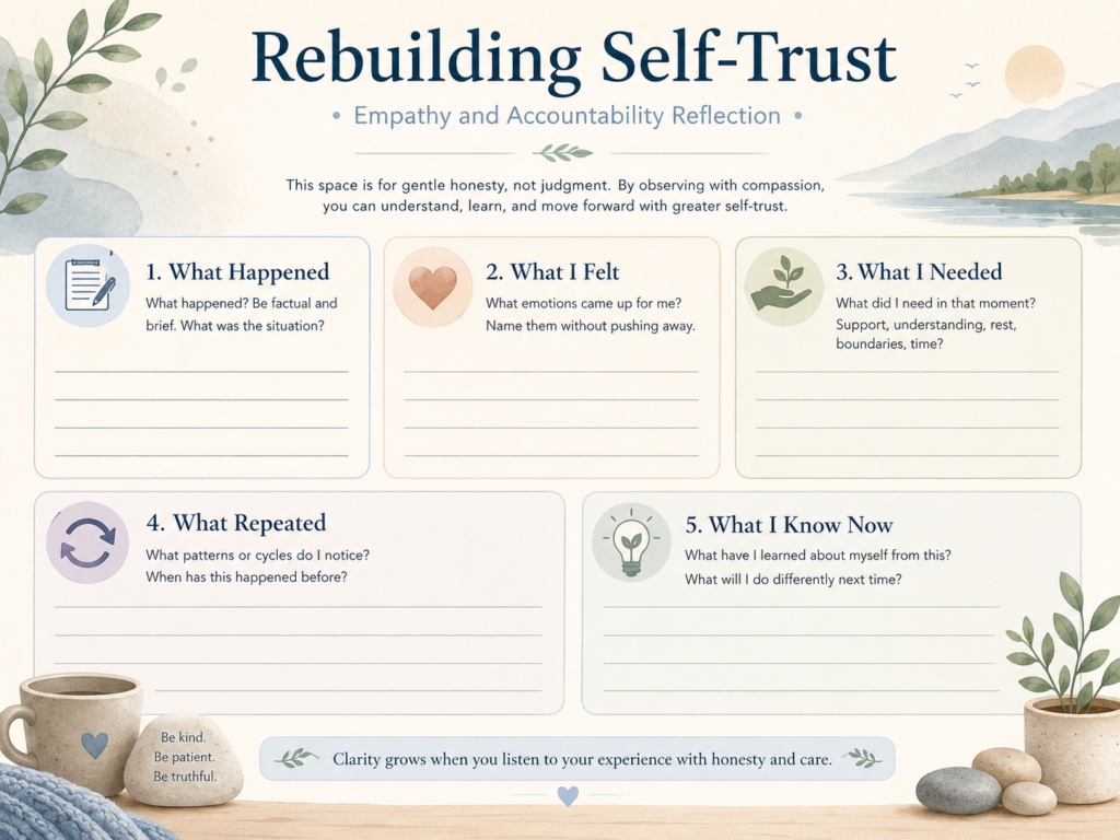 BBH empathy and accountability worksheet for identifying emotional invalidation, repeated patterns, needs, and self-trust.