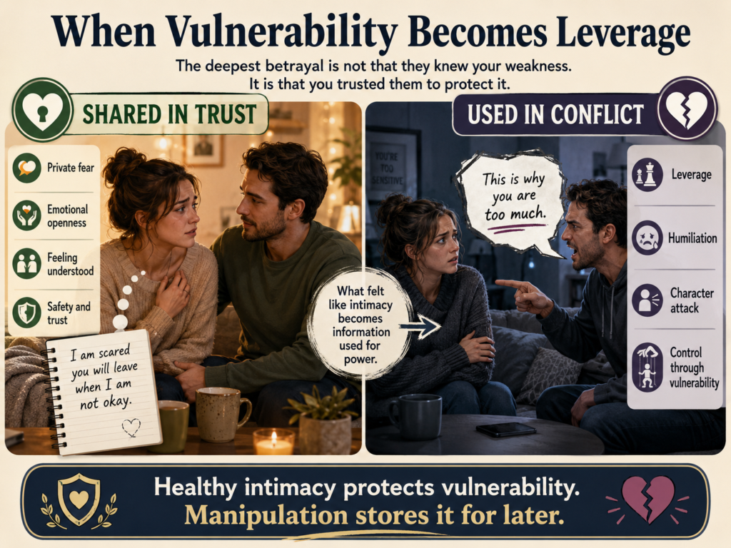 Female narcissist manipulation tactics showing private vulnerability later used against a partner during conflict