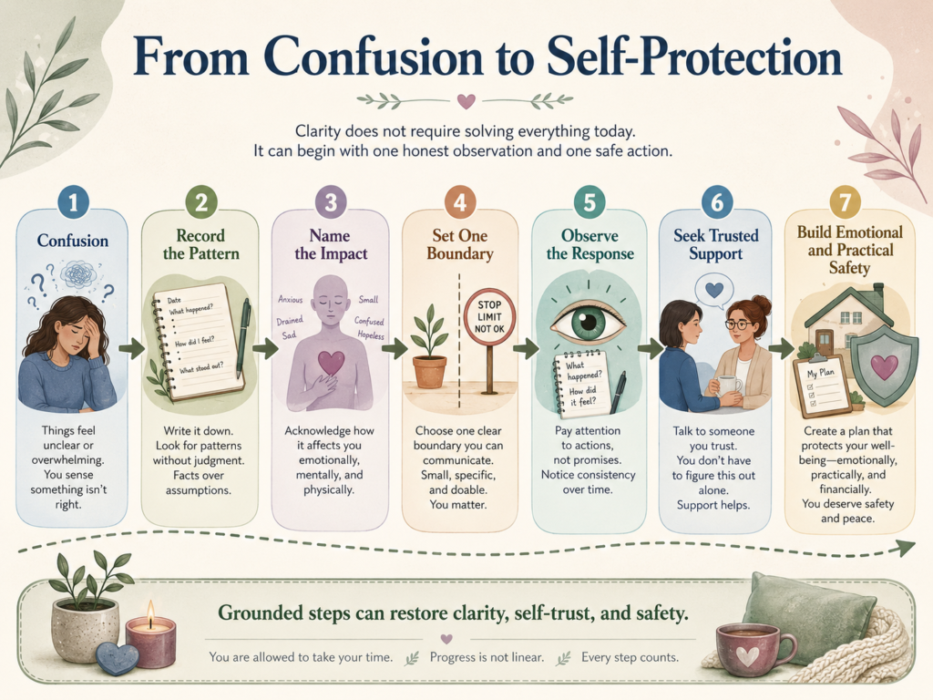 Practical steps after recognising female narcissist relationship signs, including documentation, boundaries and trusted support