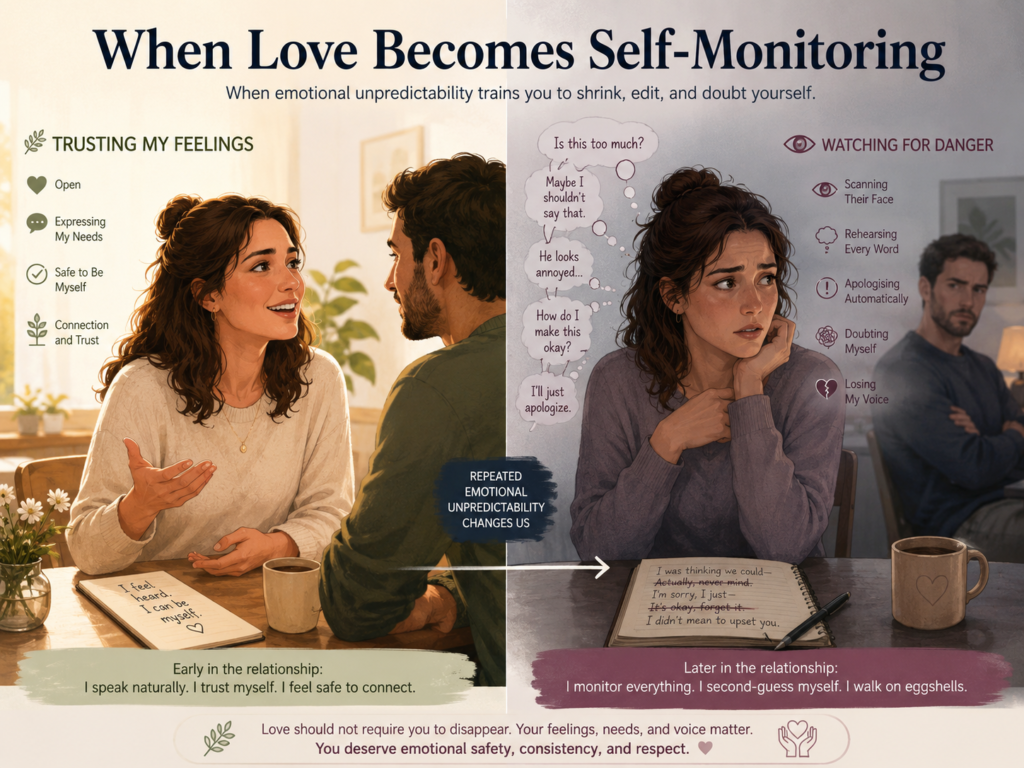 Female narcissist relationship signs causing a partner to rehearse conversations, walk on eggshells and lose emotional self-trust