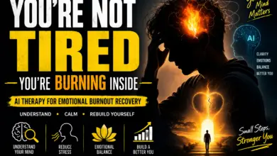 AI therapy for burnout showing emotional burnout recovery and stress exhaustion with mental clarity and self-healing
