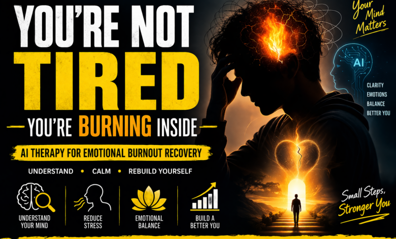 AI therapy for burnout showing emotional burnout recovery and stress exhaustion with mental clarity and self-healing