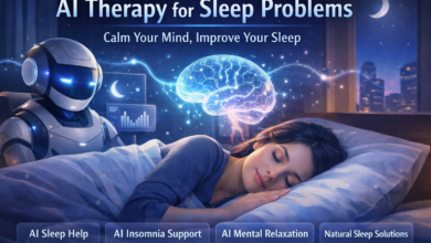 AI therapy for sleep problems showing how AI sleep help and mental relaxation improve natural sleep