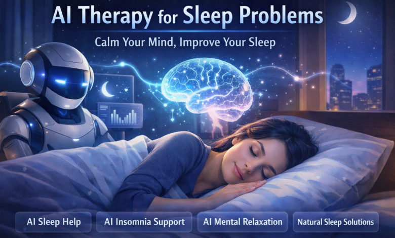 AI therapy for sleep problems showing how AI sleep help and mental relaxation improve natural sleep