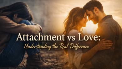 Attachment vs love blog featured image showing emotional pain on one side and healthy love on the other, representing the difference between attachment and real connection.