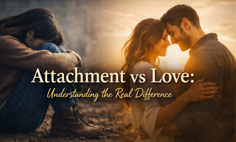 Attachment vs love blog featured image showing emotional pain on one side and healthy love on the other, representing the difference between attachment and real connection.