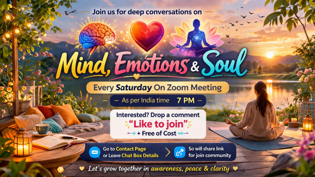 Mind Emotions and Soul Zoom healing community support meeting every Saturday at 7 PM India time for deep conversations on mental health emotional healing and spiritual growth