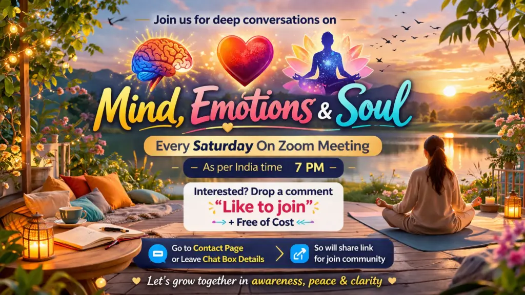 Mind Emotions and Soul Zoom healing community support meeting every Saturday at 7 PM India time for deep conversations on mental health emotional healing and spiritual growth