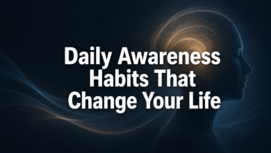 Daily Awareness Habits That Change Your Life featured image showing a calm human profile with centered title text on a dark reflective background