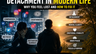 detachment in modern life showing identity confusion from social media and mental clarity through emotional stability