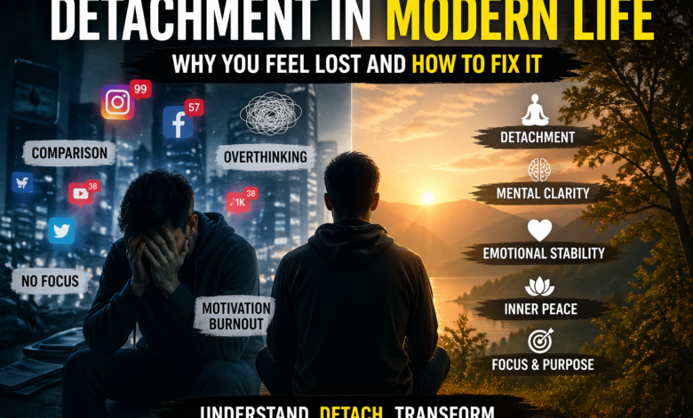detachment in modern life showing identity confusion from social media and mental clarity through emotional stability