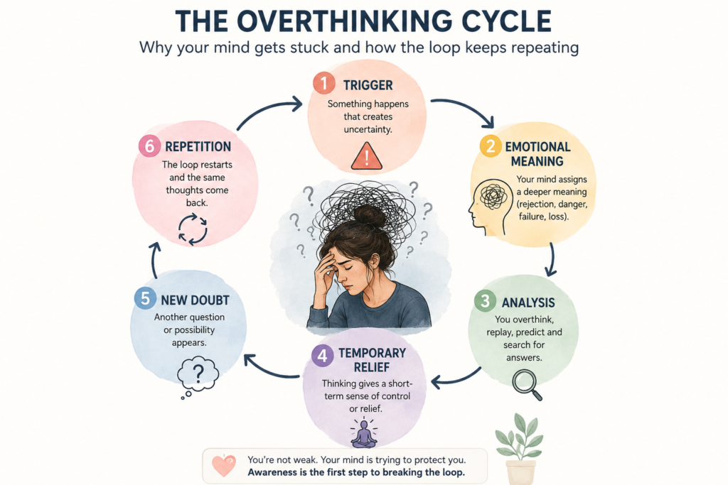 Diagram showing a trigger leading to emotional meaning, analysis, temporary relief, new doubt, and repetitive overthinking