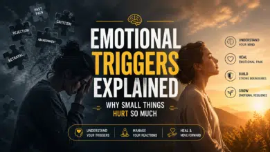 Emotional triggers explained showing how trauma triggers, emotional sensitivity, and reaction patterns create strong emotional reactions to small situations.