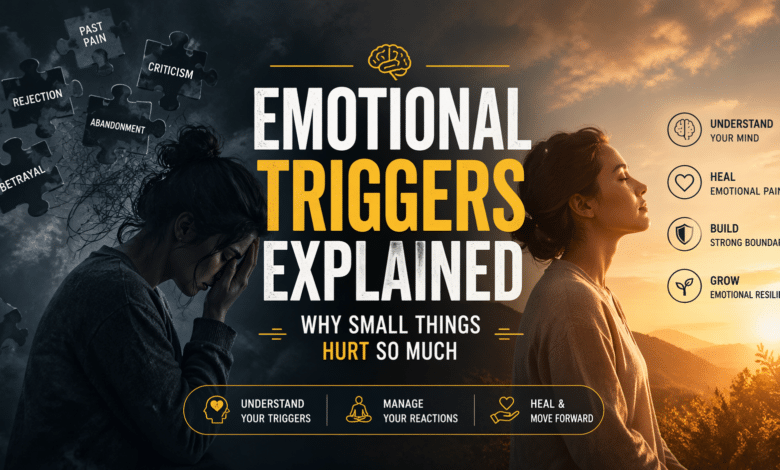 Emotional triggers explained showing how trauma triggers, emotional sensitivity, and reaction patterns create strong emotional reactions to small situations.
