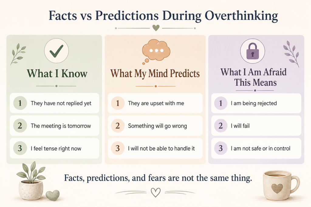Worksheet separating known facts, anxious predictions, and hidden emotional fears during an overthinking loop