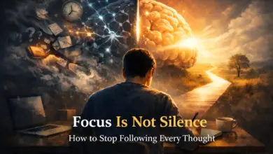 Focus is not silence illustration showing attention control and overthinking distraction