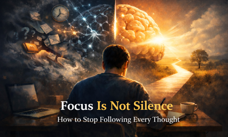 Focus is not silence illustration showing attention control and overthinking distraction