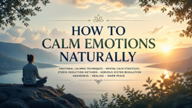 Person sitting peacefully near a lake at sunrise with the title “How to Calm Emotions Naturally,” representing emotional calming techniques, mental calm strategies, stress reduction methods, and nervous system regulation.