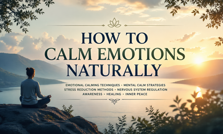 Person sitting peacefully near a lake at sunrise with the title “How to Calm Emotions Naturally,” representing emotional calming techniques, mental calm strategies, stress reduction methods, and nervous system regulation.