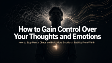 Dark cinematic image showing a calm figure between mental chaos and flowing light, representing how to gain control over your thoughts and emotions.