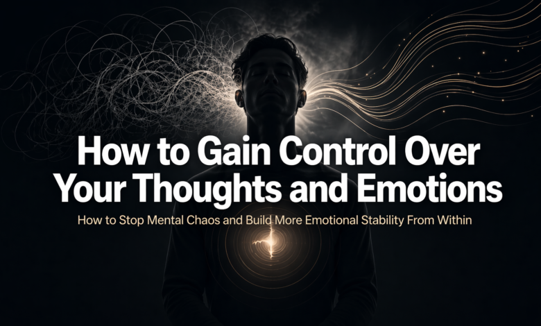 Dark cinematic image showing a calm figure between mental chaos and flowing light, representing how to gain control over your thoughts and emotions.