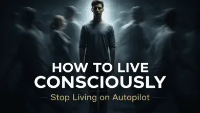 How to live consciously every day illustration showing awareness overcoming autopilot thinking and unconscious behavior