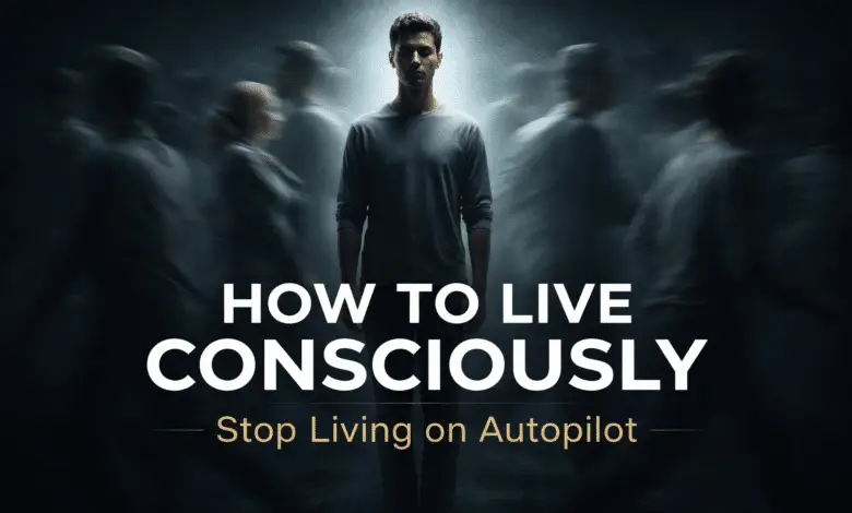 How to live consciously every day illustration showing awareness overcoming autopilot thinking and unconscious behavior