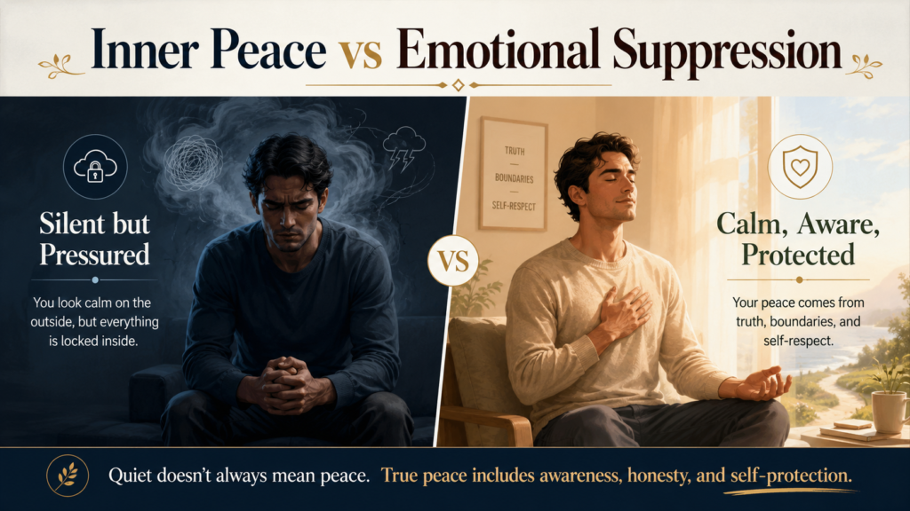 Comparison between genuine inner peace and emotional suppression showing silent inner pressure versus calm self-protection