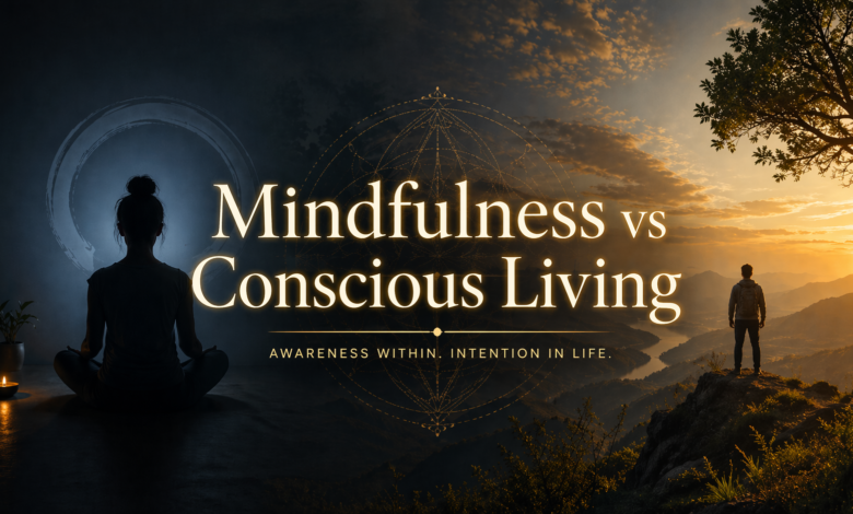 Mindfulness vs conscious living concept image showing meditation, awareness, and intentional life