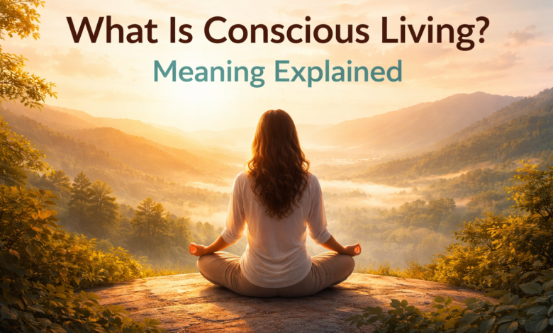 woman meditating on a mountain at sunrise representing conscious living meaning and emotional awareness